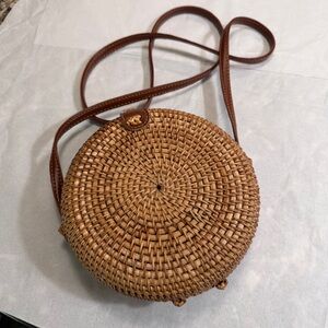 Round Woven Crossbody Bag in Tan with Brown Strap